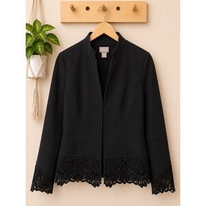 Chico's Black Lace Hem Ponte Jacket Open Front Blazer Stand Collar Size 0 NEW